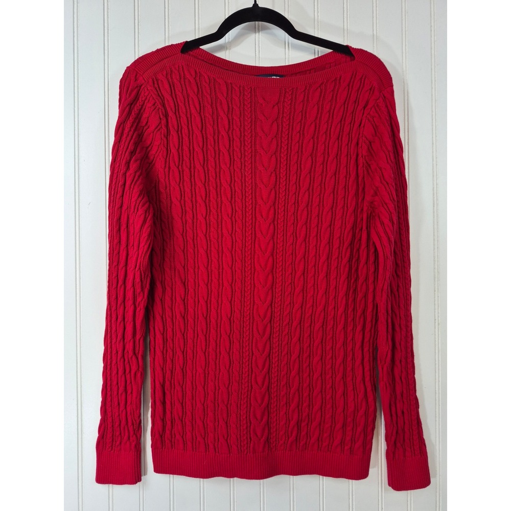 Lands End Womens Deep Red Cable Knit Cotton Boat Neck Sweater Size L 14-16
